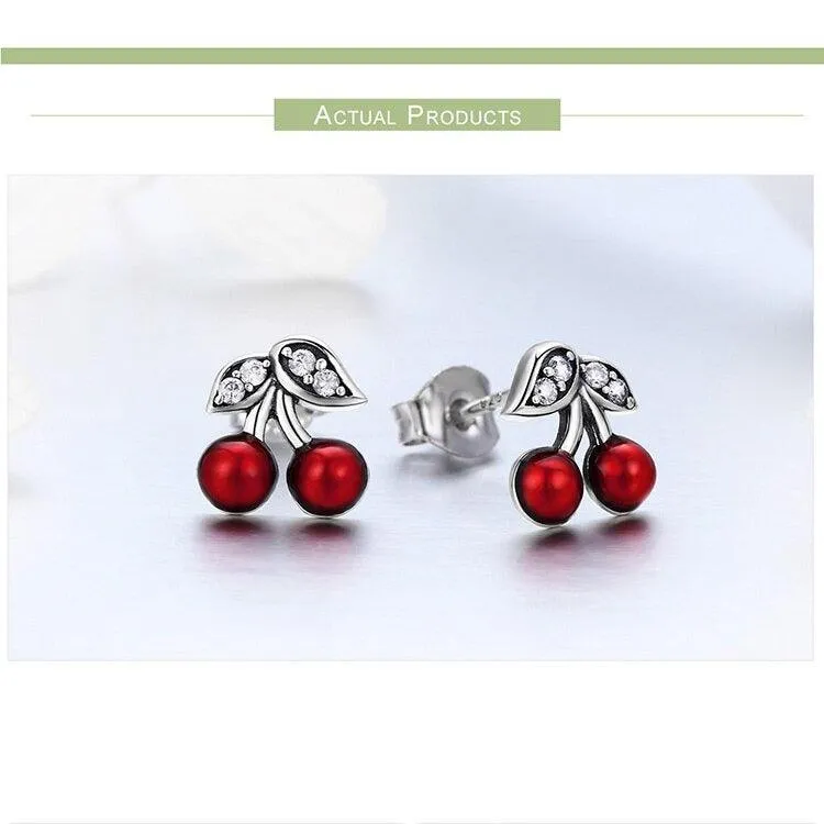 Cherries Stud Earrings CZ and Sterling Silver