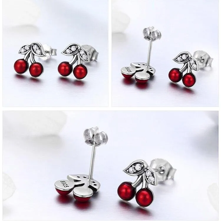 Cherries Stud Earrings CZ and Sterling Silver