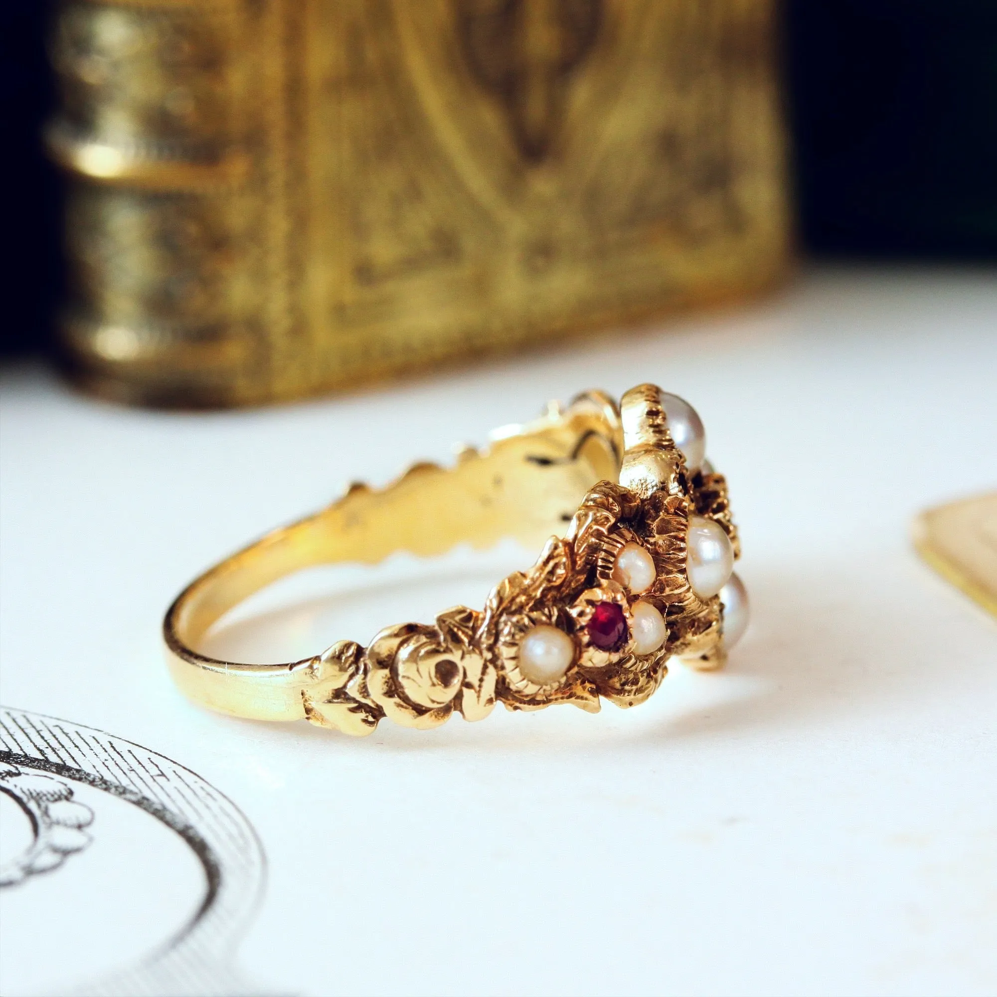 Georgian Style Pearl, Ruby & Diamond Ring