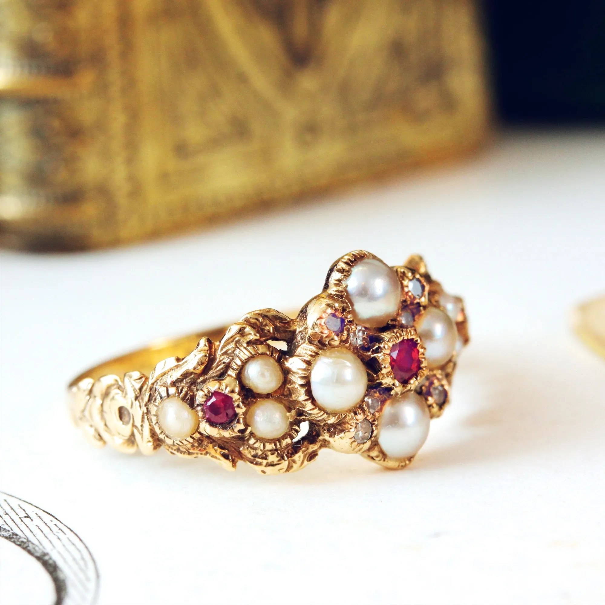 Georgian Style Pearl, Ruby & Diamond Ring