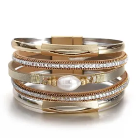 'Pearl' Charm & Rhinestones Cuff Bracelet - gold